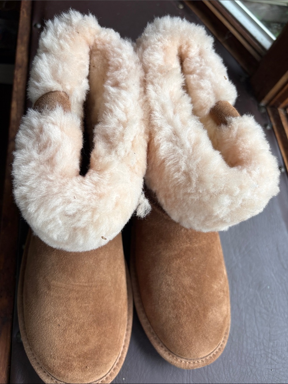 BearPaw Women's Chestnut Suede Shearling Booties with Cream Lining